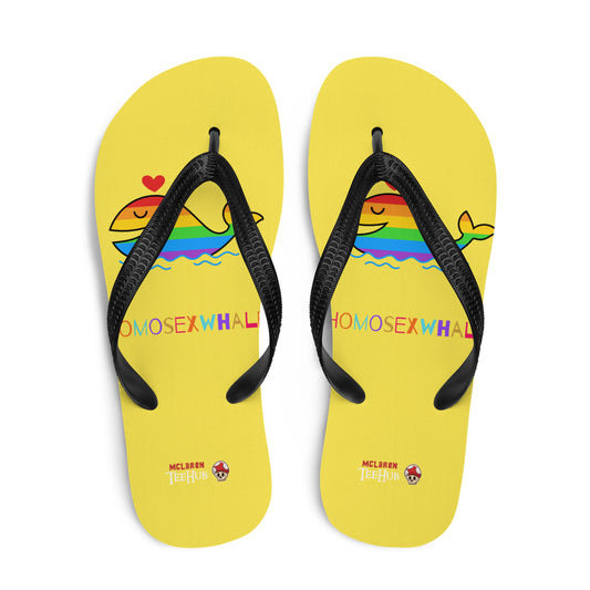 Funny rainbow whale flip flops with bright yellow base and colourful pride-inspired design