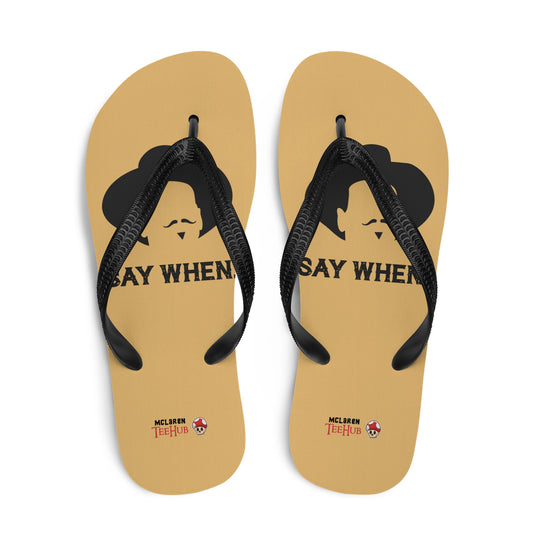 Doc Holliday Tombstone inspired flip flops with minimalist cowboy silhouette and “Say When” text design