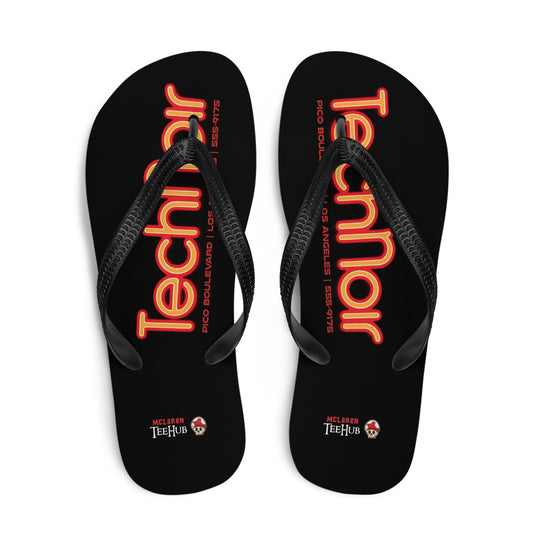 Tech Noir Terminator inspired flip flops with neon cyberpunk text design on black sole