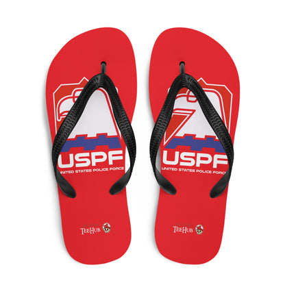 USPF Escape from New York inspired flip flops with bold red dystopian sci-fi logo design