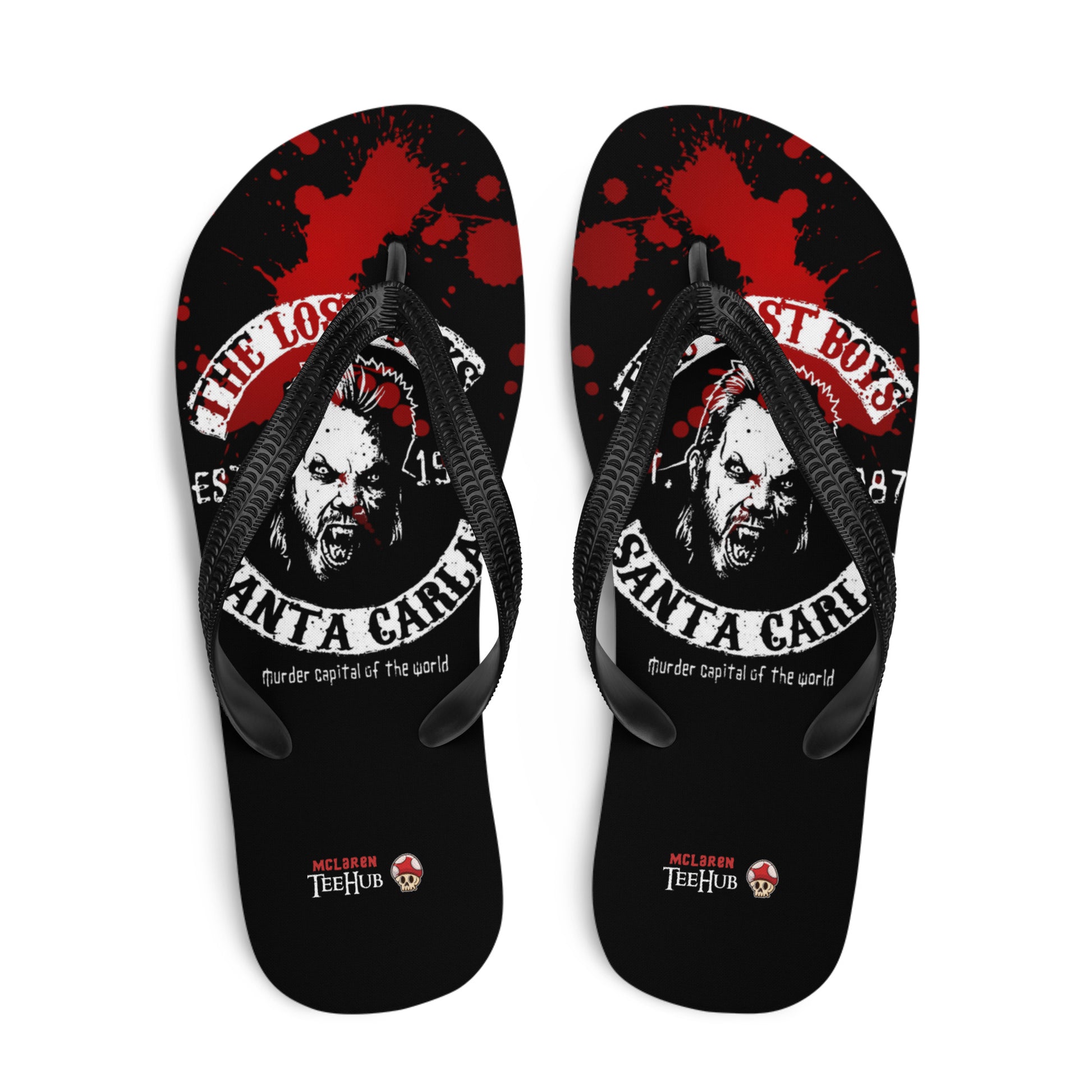 Lost Boys inspired flip flops with vampire graphic and blood splatter design in retro horror style