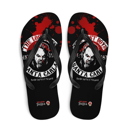 Lost Boys inspired flip flops with vampire graphic and blood splatter design in retro horror style