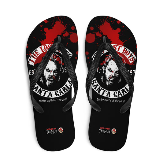 Lost Boys inspired flip flops with vampire graphic and blood splatter design in retro horror style