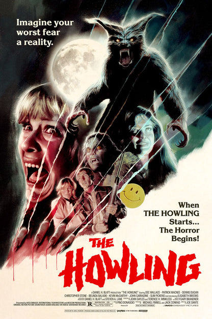 Movie poster for 'The Howling' with a werewolf and screaming people, featuring a moon and text.