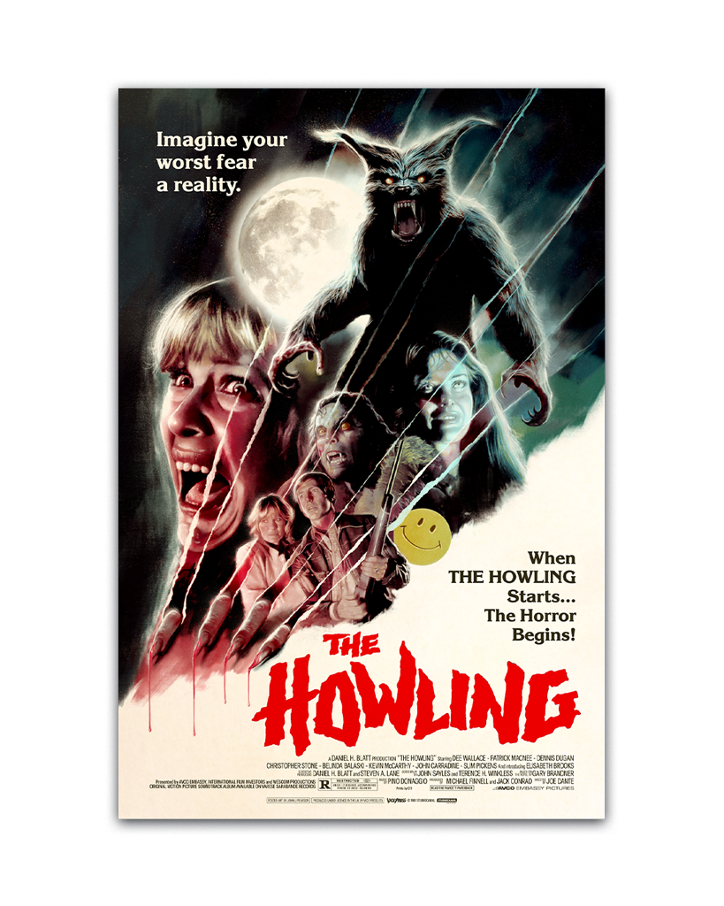 Movie poster for 'The Howling' with a werewolf and people in front of a moon.