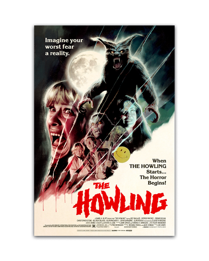 Movie poster for 'The Howling' with a werewolf and people in front of a moon.