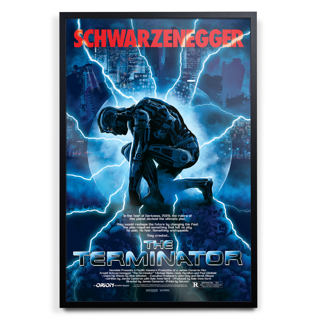 Movie poster for 'The Terminator' featuring a robot and cityscape with 'Schwarzenegger' text.