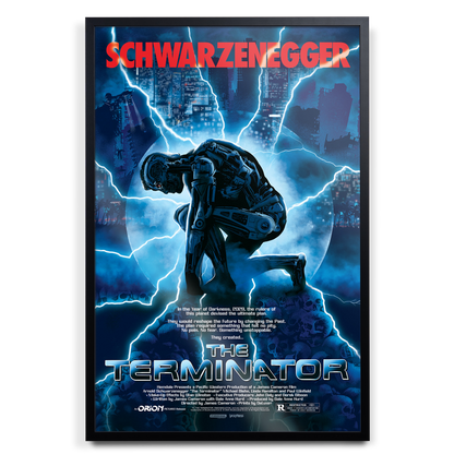 Movie poster for 'The Terminator' featuring a robot and cityscape with 'Schwarzenegger' text.