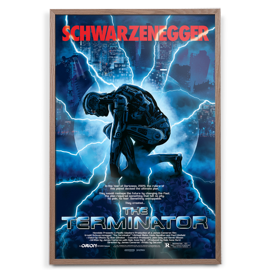 Movie poster for 'The Terminator' featuring a robot and cityscape with 'Schwarzenegger' text.