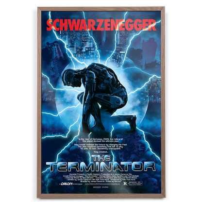 Movie poster for 'The Terminator' featuring a robot and cityscape with 'Schwarzenegger' text.