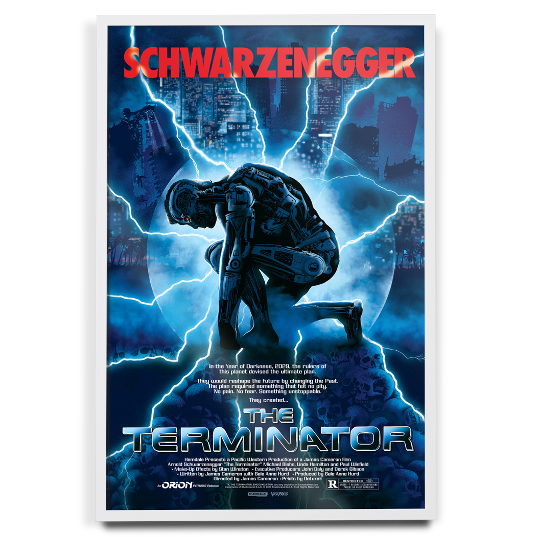 Movie poster for 'The Terminator' featuring a robot and cityscape with 'Schwarzenegger' at the top.