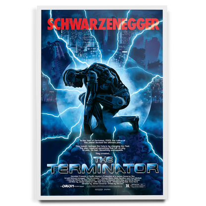 Movie poster for 'The Terminator' featuring a robot and cityscape with 'Schwarzenegger' at the top.
