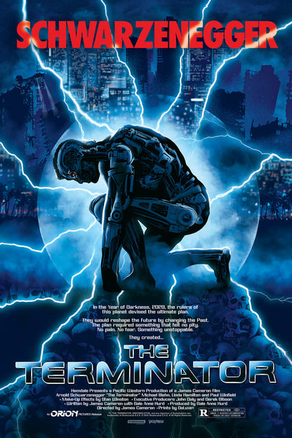 Movie poster for 'The Terminator' featuring a robot and cityscape with text.