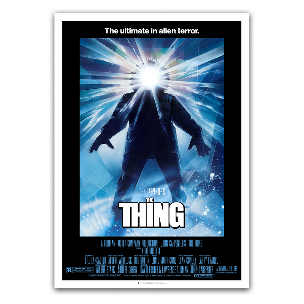 Movie poster for 'The Thing' with a silhouette of a person and a bright light.