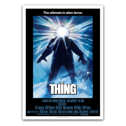 Movie poster for 'The Thing' with a silhouette of a person and a bright light.