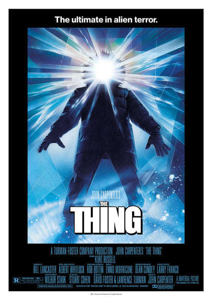 Movie poster for 'The Thing' with a silhouette of a person against a blue light