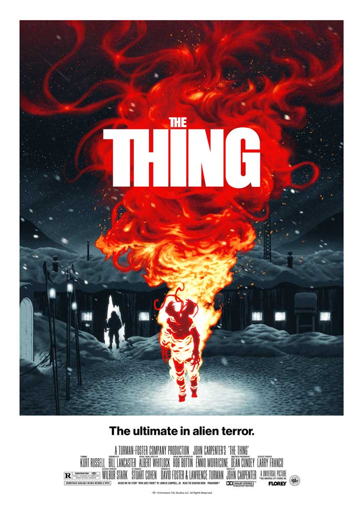 Movie poster for 'The Thing' with a fiery creature and snowy landscape.
