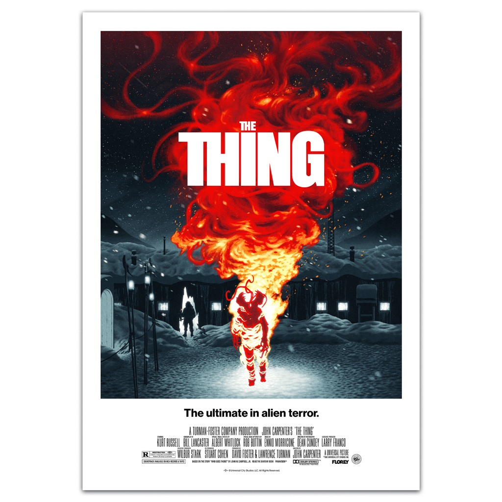 Movie poster for 'The Thing' with a fiery alien figure and snowy landscape.