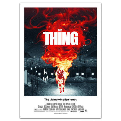 Movie poster for 'The Thing' with a fiery alien figure and snowy landscape.