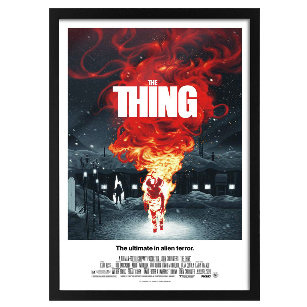 Movie poster for 'The Thing' with a fiery creature and snowy landscape.