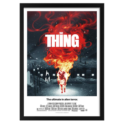 Movie poster for 'The Thing' with a fiery creature and snowy landscape.