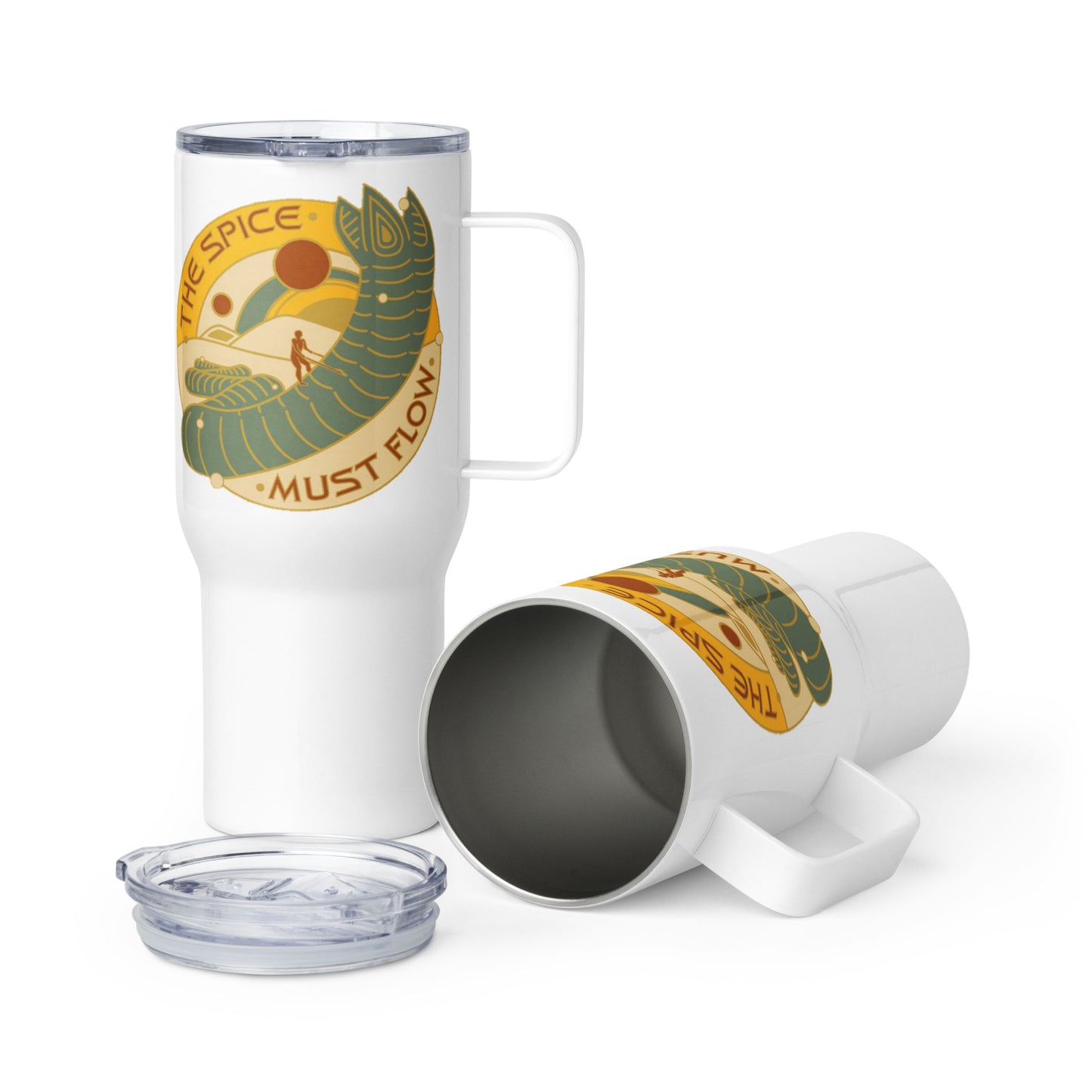 Dune Spice must Flow Travel mug, Thermal Mug with Handle.