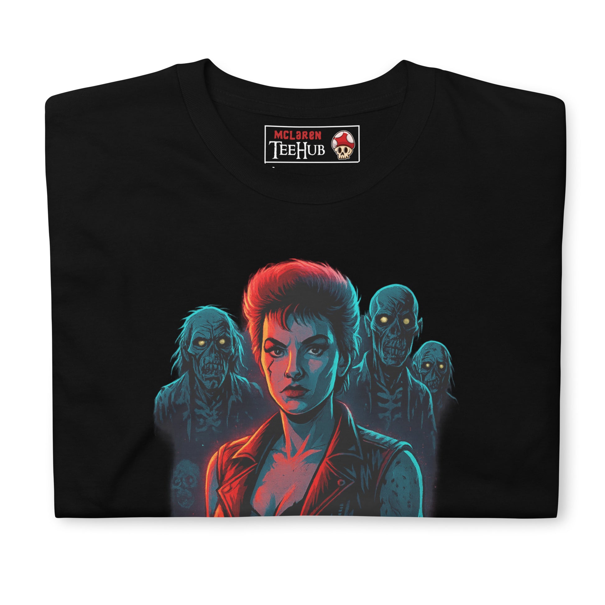 Black T-shirt with a neon-style illustration of Trash from Return of the Living Dead surrounded by zombies and the movie's title in red