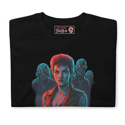 Black T-shirt with a neon-style illustration of Trash from Return of the Living Dead surrounded by zombies and the movie's title in red