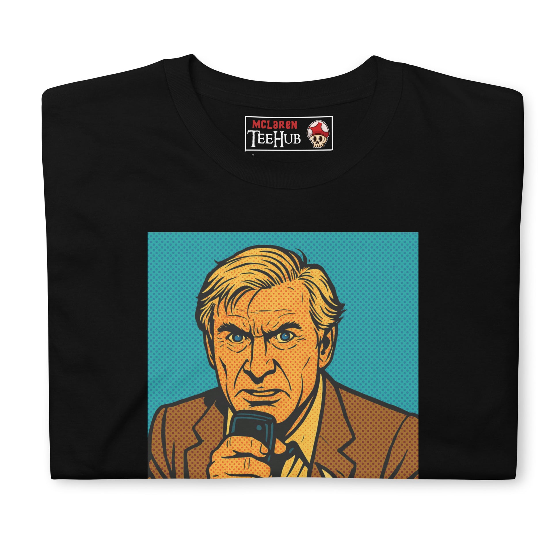 Black T-shirt featuring a comic-style illustration of Steve McCroskey from the movie 'Airplane!' with the quote 'Looks like I picked the wrong week to quit drinking.