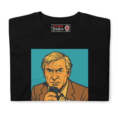 Black T-shirt featuring a comic-style illustration of Steve McCroskey from the movie 'Airplane!' with the quote 'Looks like I picked the wrong week to quit drinking.