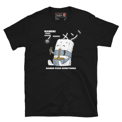 Black t-shirt Cute ramen cartoon T-shirt with Japanese text and a rice character holding noodles – "Ramen Fixes Everything" design.
