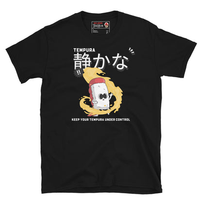 Black T-shirt with cartoon tempura sushi meditating in batter swirl and Japanese text saying “Keep Your Tempura Under Control.”
