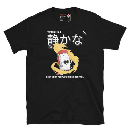 Black T-shirt with cartoon tempura sushi meditating in batter swirl and Japanese text saying “Keep Your Tempura Under Control.”
