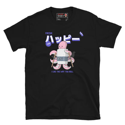 Black T-shirt with cartoon octopus rolling sushi using chopsticks and the phrase “I Like the Way You Roll” in purple text.
