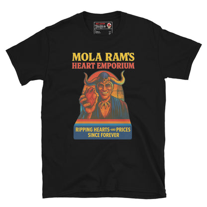 Black T-shirt featuring a parody ad of Mola Ram holding a heart with the text “Mola Ram’s Heart Emporium – Ripping hearts and prices since forever.”
