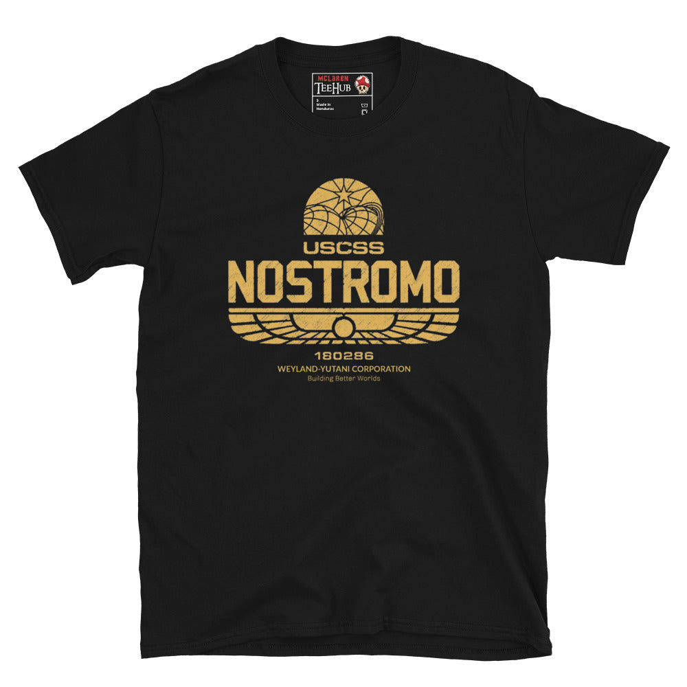 Black T-shirt with distressed gold USCSS Nostromo logo and Weyland-Yutani Corporation branding from the Alien franchise.