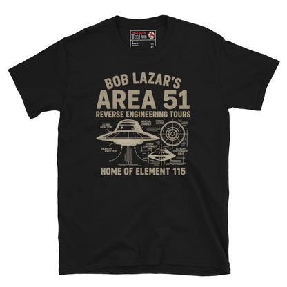 Black T-shirt featuring a vintage UFO schematic with labeled parts and text: “Bob Lazar’s Area 51 Reverse Engineering Tours – Home of Element 115.”