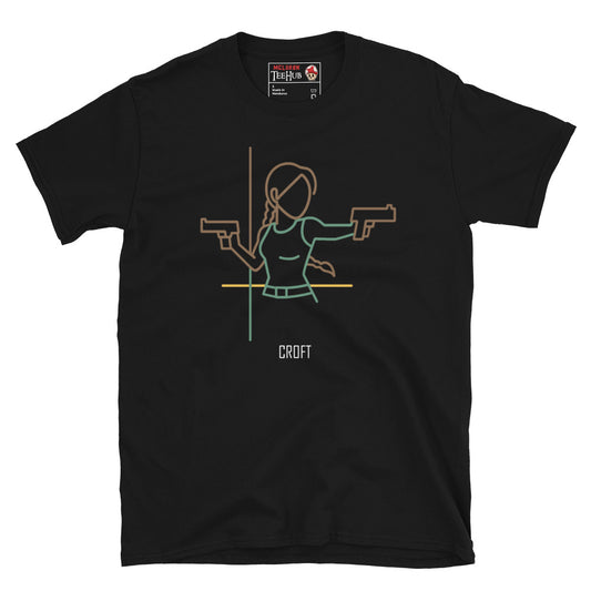 Black T-shirt featuring minimalist line-art of a female adventurer with two pistols and braid, labeled “Croft” – inspired by Lara Croft from Tomb Raider.