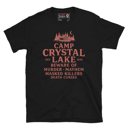 Black T-shirt featuring a red retro design of Camp Crystal Lake with horror warning text inspired by the Friday the 13th franchise.