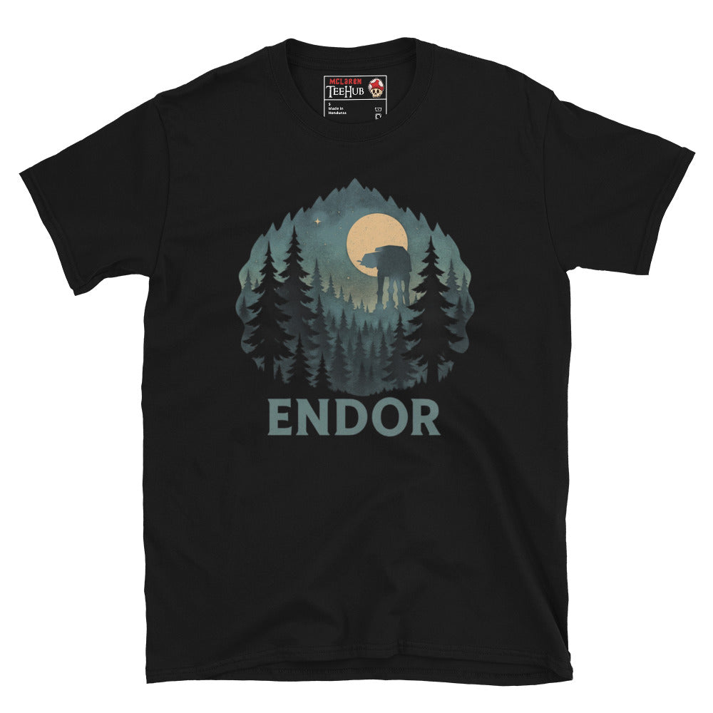 Black T-shirt featuring a forest scene with trees, full moon, and an AT-AT silhouette, with the word “Endor” below – inspired by Star Wars.