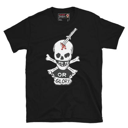 Black T-shirt featuring the "Or Glory" skull and katana design inspired by Private Hudson's body armor from the movie Aliens.
