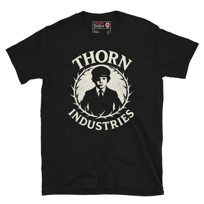 Black T-shirt featuring the fictional "Thorn Industries" logo with a silhouette of Damien Thorn from The Omen, surrounded by a thorny wreath.