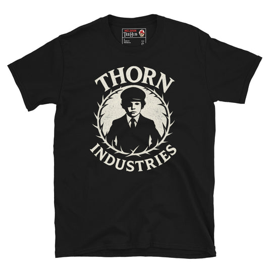 Black T-shirt featuring the fictional "Thorn Industries" logo with a silhouette of Damien Thorn from The Omen, surrounded by a thorny wreath.