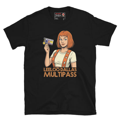 Cartoon-style Leeloo from The Fifth Element holding a multipass with the words “Leeloo Dallas Multipass” on a black coloured T-shirt.
