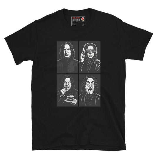 Severus Snape Funny Expressions Black T-Shirt – DJ, Cake, and Crazy Faces Design"
