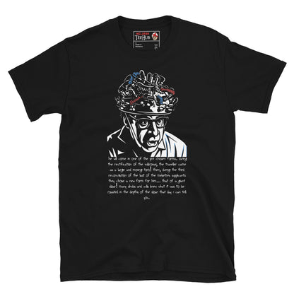 Black Ghostbusters T-shirt featuring Louis Tully with a wired helmet and the Giant Sloar quote, exclusive to McClaren Tee Hub.