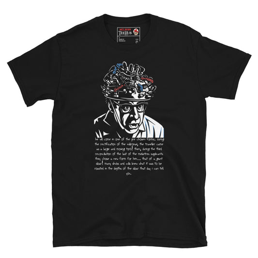 Black Ghostbusters T-shirt featuring Louis Tully with a wired helmet and the Giant Sloar quote, exclusive to McClaren Tee Hub.