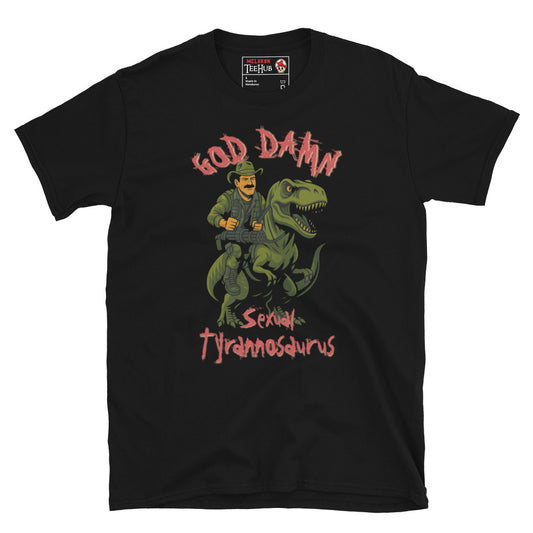 Black T-shirt featuring Blain from Predator riding a Tyrannosaurus rex – Sexual Tyrannosaurus quote parody