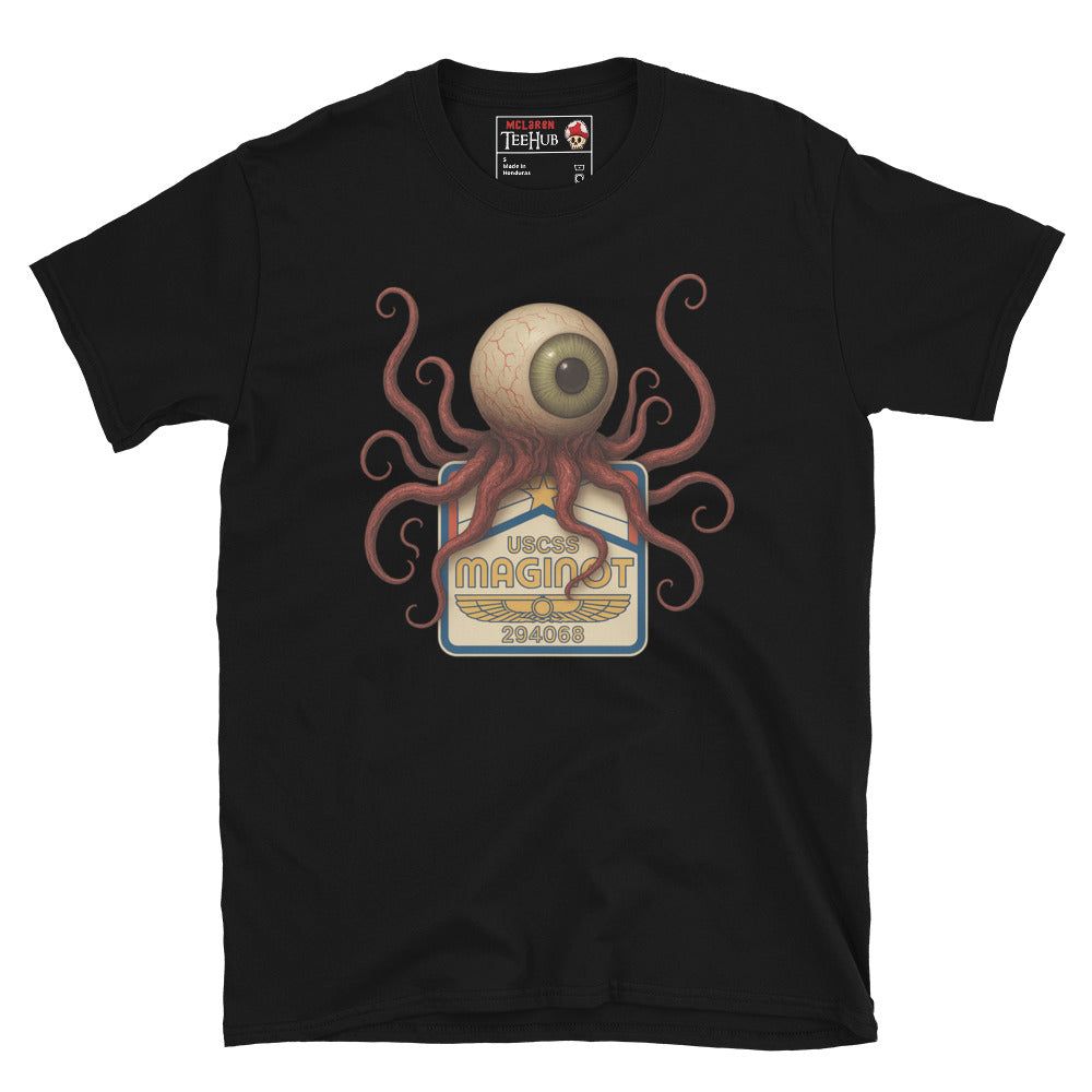 Black Alien Earth T-shirt with USCSS Maginot badge and grotesque T-Ocellus monster – retro sci-fi horror design.