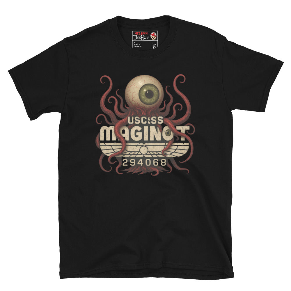 Black T-shirt featuring T-Ocellus with USCSS Maginot text – Retro sci-fi horror design from Alien Earth.